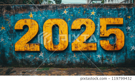 Graffiti numbers New Year 2025 on grungy wall with stars, concept of future and art 119799432