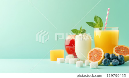 Glasses of colorful fruit smoothies with berries and sugar cubes, unhealthy concept of sugar harm Glasses of colorful fruit smoothies with berries and sugar cubes, unhealthy concept of sugar harm 119799435