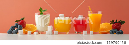 Glasses of colorful fruit smoothies with berries and sugar cubes, unhealthy concept of sugar harm Glasses of colorful fruit smoothies with berries and sugar cubes, unhealthy concept of sugar harm 119799436