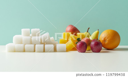 Stack of sugar cubes with different fruits on colorful background, concept of fructose harm for health Stack of sugar cubes with different fruits on colorful background, concept of fructose harm for health 119799438