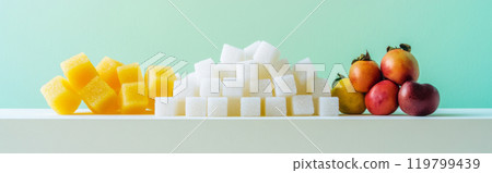 Stack of sugar cubes with different fruits on colorful background, concept of fructose harm for health Stack of sugar cubes with different fruits on colorful background, concept of fructose harm for health 119799439