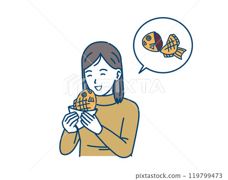 一名年輕女子走來走去吃鯛魚燒的插圖 119799473