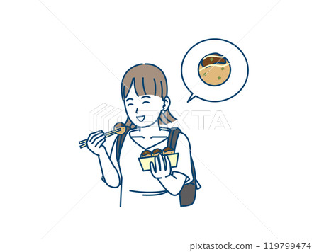一位年輕女子走來走去吃章魚燒的插圖 119799474