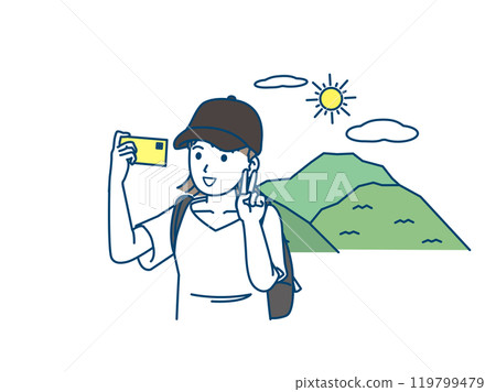 Illustration of a young woman hiking, climbing and taking a selfie with her smartphone 119799479