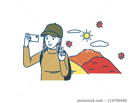Illustration of a young woman hiking, climbing and taking a selfie with her smartphone Illustration of a young woman hiking, climbing and taking a selfie with her smartphone 119799480