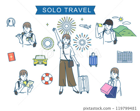 Summer trip, illustration set of a young woman enjoying solo travel 119799481