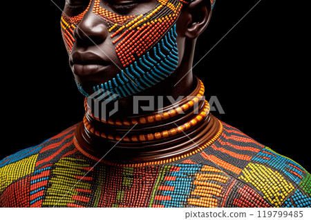 African shirtless man with vibrant face paint and ethnic jewelry 119799485