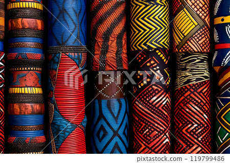An array of fabric rolls adorned with intricate and colorful African designs 119799486