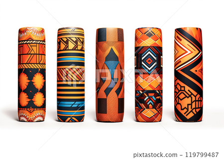 An array of fabric rolls adorned with intricate and colorful African designs 119799487