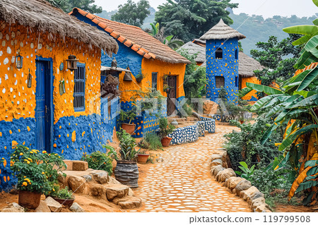 Artistic depiction of an African village with traditional mud houses 119799508