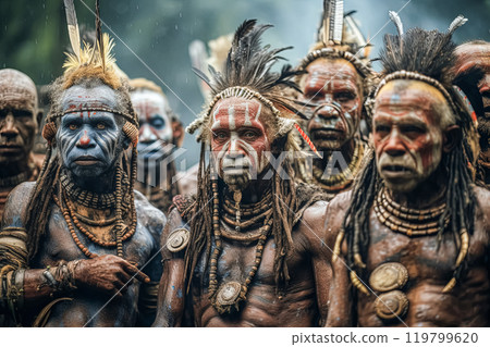 Group of aboriginal or indigenous people of Africa adorned in colorful ethnic attire. 119799620