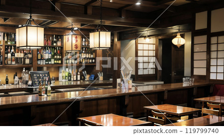 Image of a bar counter and table seats, generative AI_wide Image of a bar counter and table seats, generative AI_wide 119799740