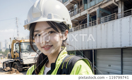 Facial image of a woman wearing a helmet working at a construction site, generative ai_wide Facial image of a woman wearing a helmet working at a construction site, generative ai_wide 119799741