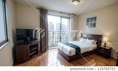 Image of a room with a TV and a semi-double bed, generative AI_wide 119799743