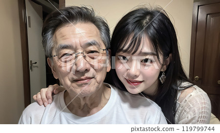 A young woman hugging an elderly man's shoulder, generative AI_wide 119799744