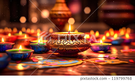 Celebrate the vibrant spirit of Diwali with traditional symbols 119799768