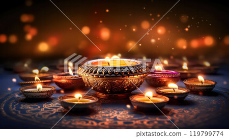 Illuminate your Diwali celebration with the warm glow of traditional diya lamps 119799774