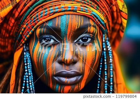 woman wearing tribal paint on her face woman wearing tribal paint on her face 119799804