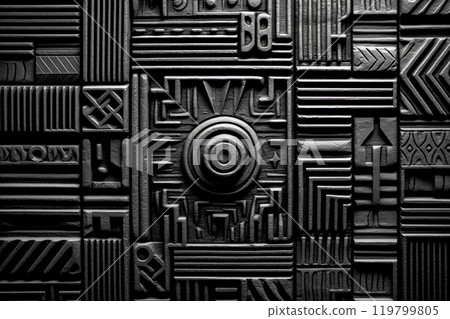 Wood texture adorned with intricate African patterns and crafts 119799805