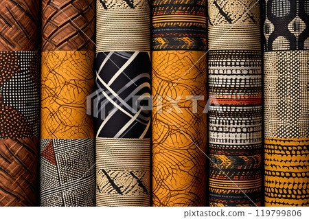An array of fabric rolls adorned with intricate and colorful African designs 119799806