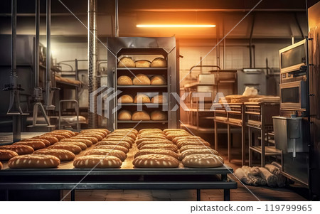 Step into the heart of the bakery, capturing the essence of bread and buns baking. 119799965