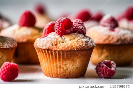 Delight in homemade goodness with fresh, delicious raspberry muffins. 119799975