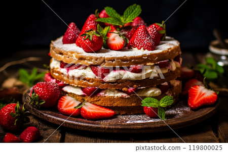 Strawberry cake of vanilla sponge, cream cheese, and fresh strawberries. 119800025