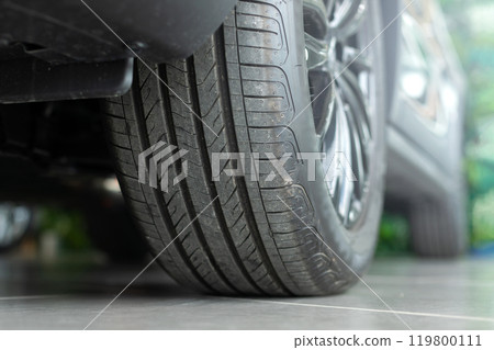 A car tire tread, highlighting the importance of inspecting wheels and tire condition before travel. Emphasizes road safety and vehicle readiness for the journey ahead 119800111