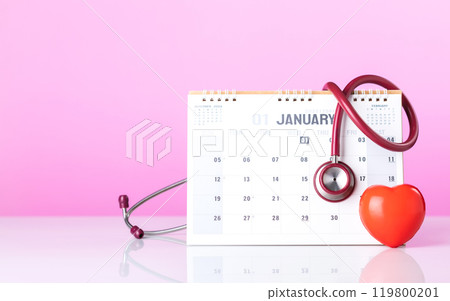 A red stethoscope placed next to a 2025 desk calendar opened to the month of January. The importance of scheduling health check-ups at the start of the year, highlighting health awareness and planning 119800201