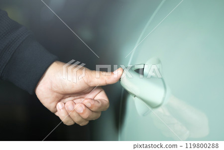 A man's hand touching the car door to unlock it without using a remote or key. Represents the concept of modern vehicle technology, highlighting keyless entry systems for convenience and security A man's hand touching the car door to unlock it without using a remote or key. Represents the concept of modern vehicle technology, highlighting keyless entry systems for convenience and security 119800288