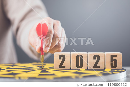 "2025" is written on a wooden block placed on yellow dart board against a soft grey background. The image symbolizes future goals, planning, and target-setting for the upcoming year. 119800312