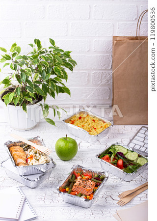 Healthy home-cooked meals in takeout containers Healthy home-cooked meals in takeout containers 119800536