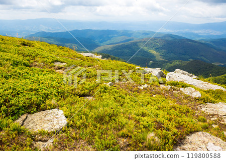 landscape with stones on the grassy hillside. vacation season. alpine scenery of carpathian mountain smooth in summer. sunny day. beautiful view in to distant valley. spectacular countryside region landscape with stones on the grassy hillside. vacation season. alpine scenery of carpathian mountain smooth in summer. sunny day. beautiful view in to distant valley. spectacular countryside region 119800588