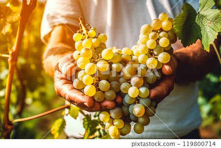 as senior hands lovingly hold bunch of grapes at home. 119800714