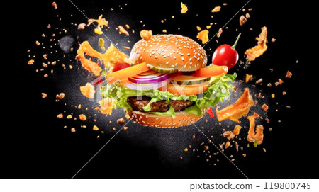 Elevate your appetite with a juicy burger captured in levitation against a sleek black background. 119800745