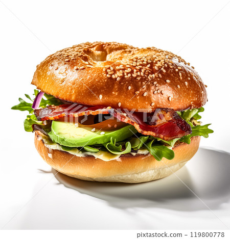 a delectable burger featuring prosciutto, cream cheese, avocado, and lettuce. 119800778