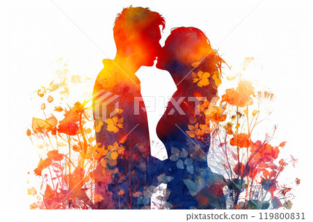 watercolor illustration, capturing a couple in a romantic date against a bright background. 119800831