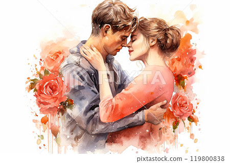a watercolor illustration capturing the essence of a newlywed couple 119800838