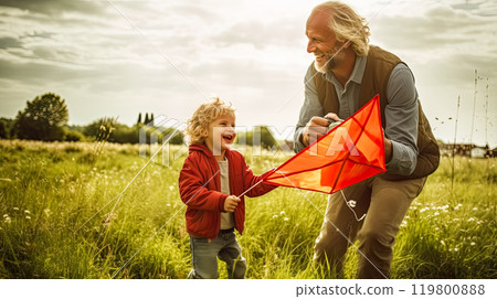 a little son and father bond over flying a kite a little son and father bond over flying a kite 119800888