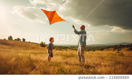 a little son and father bond over flying a kite 119800889