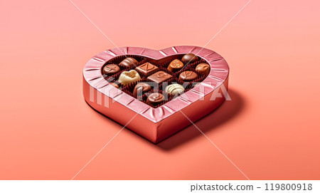 Delight your senses with heart shaped candies in a charming box on a pink background 119800918