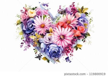 a watercolor illustration featuring heart shaped flowers 119800919