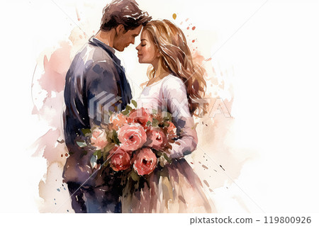 a watercolor illustration capturing the essence of a newlywed couple 119800926