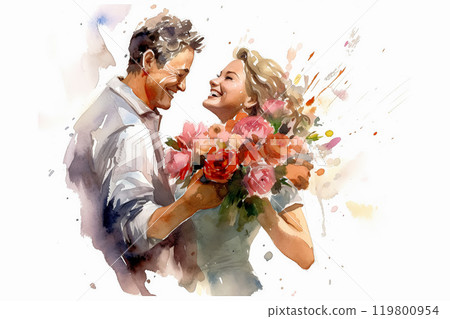 a watercolor illustration beautifully depicts a guy presenting a bouquet of flowers to a delighted girl. 119800954