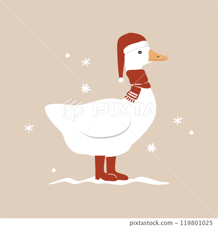 Cute funny cartoon goose in red scarf, Santa Claus hat and boots. Merry Christmas character. Vector isolated illustration Cute funny cartoon goose in red scarf, Santa Claus hat and boots. Merry Christmas character. Vector isolated illustration 119801025