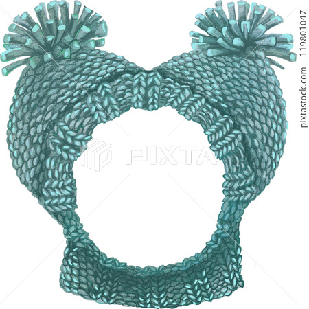 Cat green hat knitted with ears. Watercolor illustration 119801047