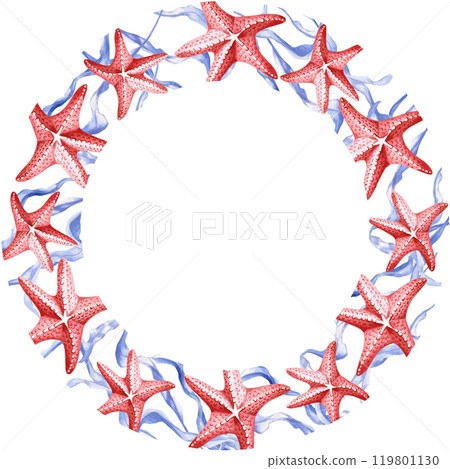 Round frame with starfish and seaweed. Isolated illustration on the theme of the underwater world for textile design, tableware, holidays with a marine theme, printing, restaurants Round frame with starfish and seaweed. Isolated illustration on the theme of the underwater world for textile design, tableware, holidays with a marine theme, printing, restaurants 119801130