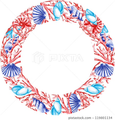 Round frame with shells and corals. Isolated illustration on the theme of the underwater world for textile design, tableware, holidays with a marine theme, printing, restaurants 119801134