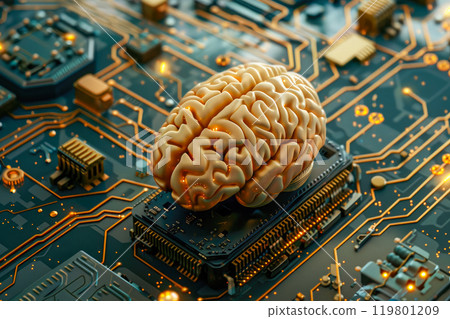 Human brain on the circuit board, surrounded by electronic components. Brain representing artificial intelligence technology. 119801209