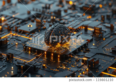 Human brain on the circuit board, surrounded by electronic components. 119801210